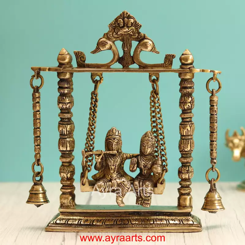 Lord Radha Krishna on Swing/Jhula Brass Traditional Home Decor - 10 Inch Height