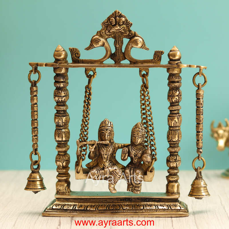 Lord Radha Krishna on Swing/Jhula Brass Traditional Home Decor - 10 Inch Height