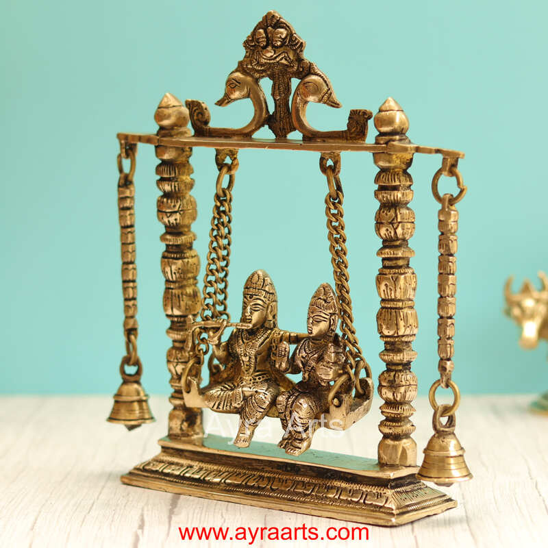 Lord Radha Krishna on Swing/Jhula Brass Traditional Home Decor - 10 Inch Height
