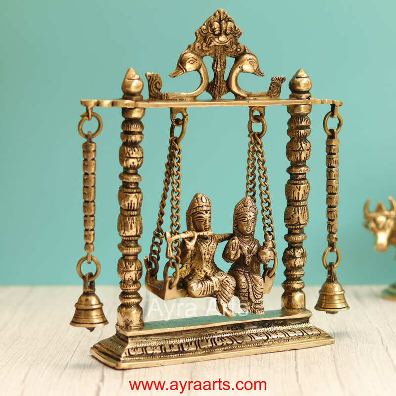 Lord Radha Krishna on Swing/Jhula Brass Traditional Home Decor - 10 Inch Height