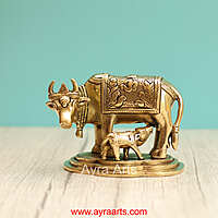 Brass Kamadhenu Cow And Calf - 4 Inch Height