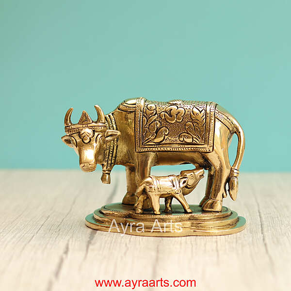 Brass Kamadhenu Cow And Calf - 4 Inch Height