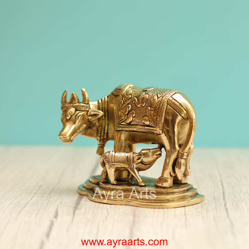 Brass Kamadhenu Cow And Calf - 4 Inch Height