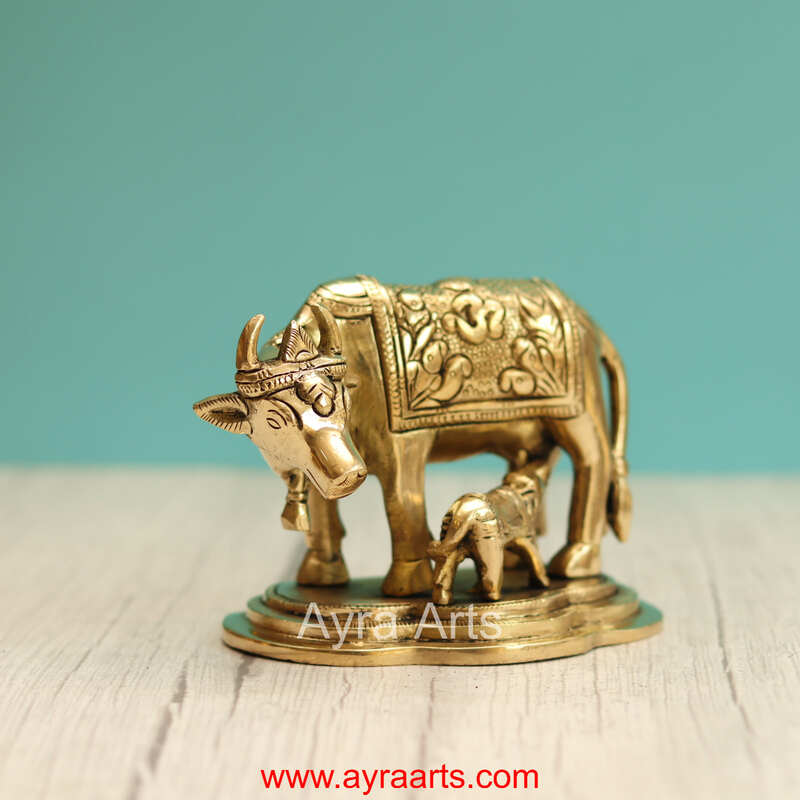 Brass Kamadhenu Cow And Calf - 4 Inch Height