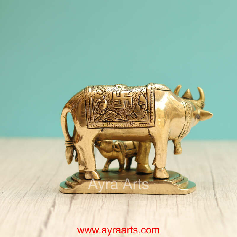 Brass Kamadhenu Cow And Calf - 4 Inch Height