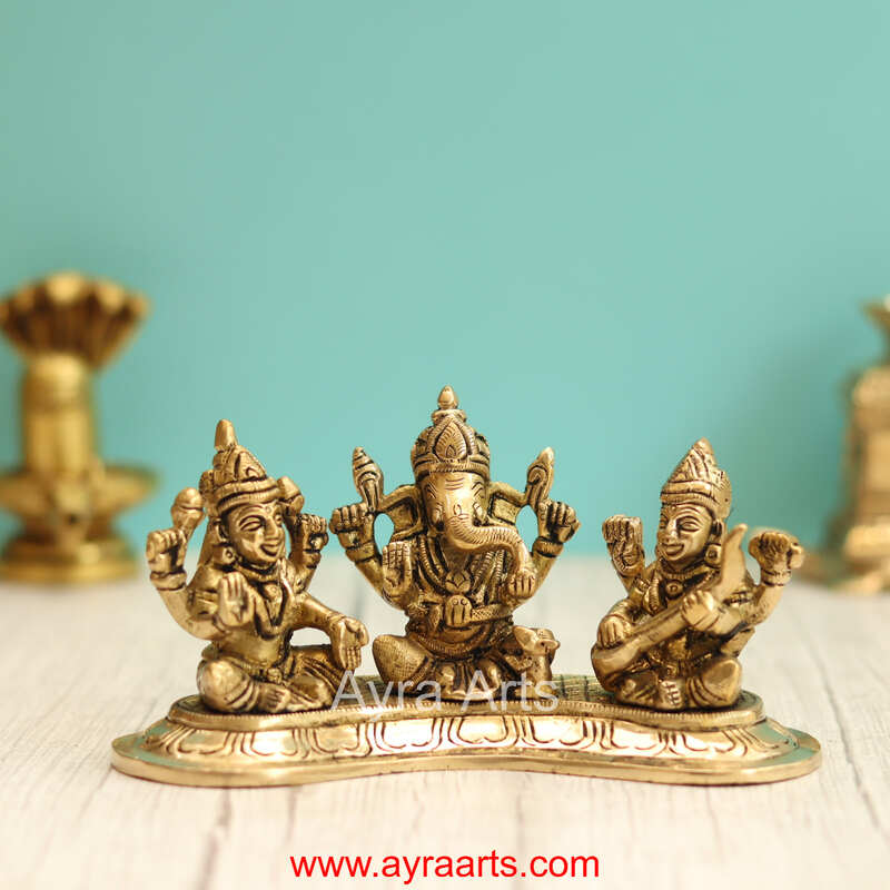 Brass Lakshmi Ganesh Saraswati Idol - 3.5 Inch Height