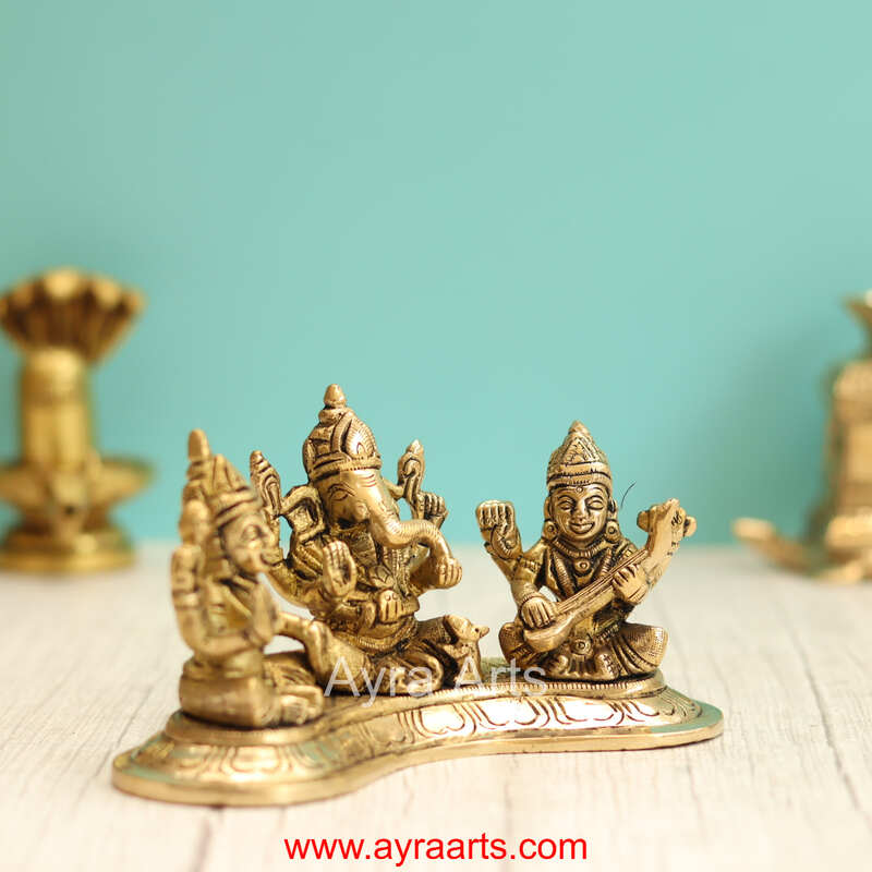 Brass Lakshmi Ganesh Saraswati Idol - 3.5 Inch Height