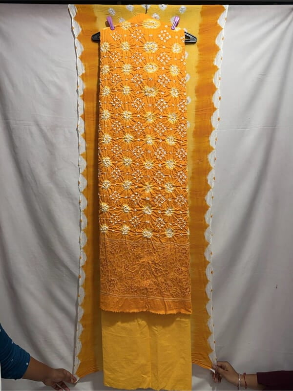 Kala Sanskruti All Over Golden Color Heavy Cotton Satin Bandhani Dress With Work 2.5 M (Each Piece) Elegant Traditional Wear Dress Material for Women