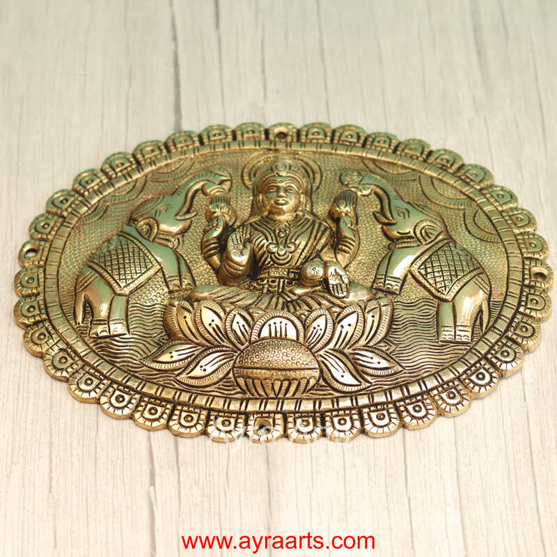 Brass Gaja Lakshmi Wall Hanging Plate - 9 Inch Height