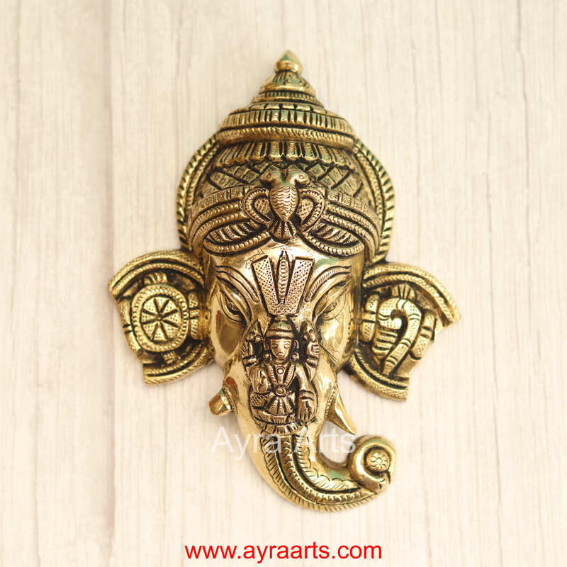 Brass Ganesha And Lakshmi On Trunk Wall Hanging - 6.5 Inch Height