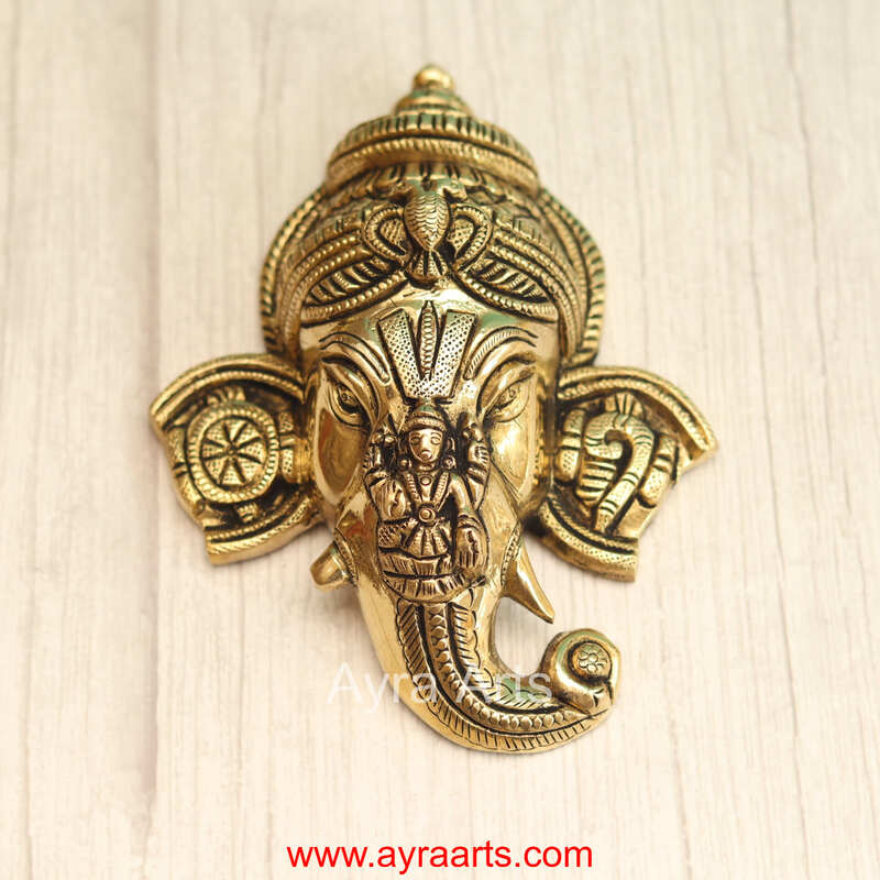 Brass Ganesha And Lakshmi On Trunk Wall Hanging - 6.5 Inch Height