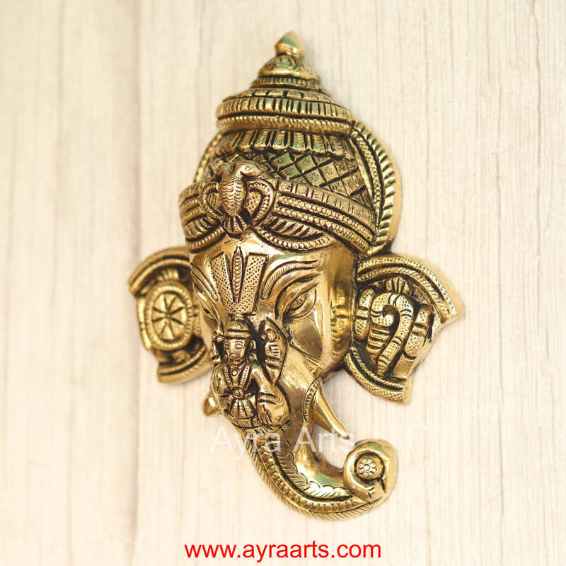 Brass Ganesha And Lakshmi On Trunk Wall Hanging - 6.5 Inch Height