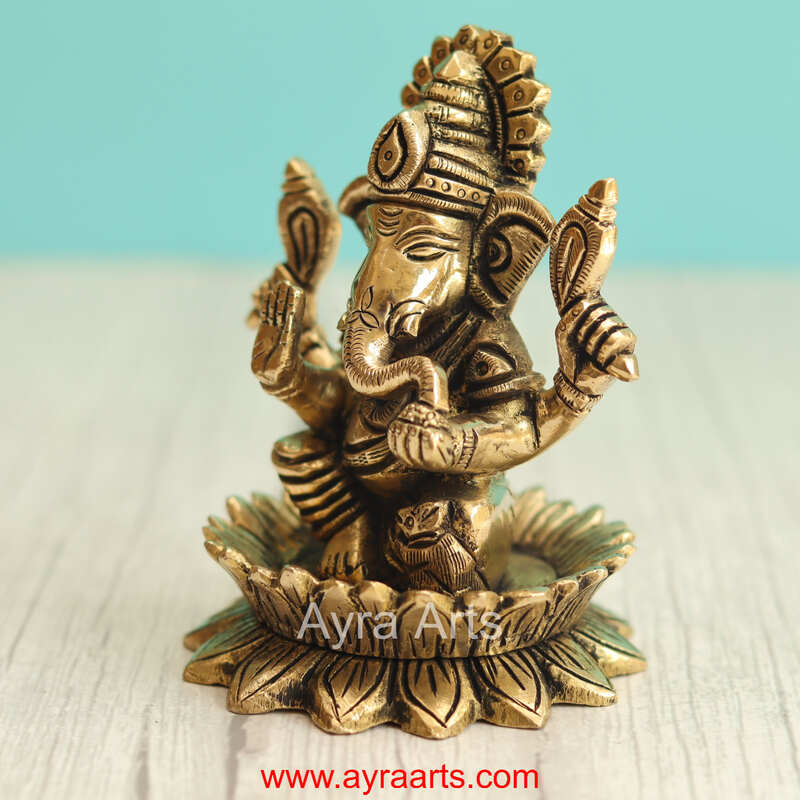 Brass Lord Ganpati Ganesha Idol for Home Temple Decor & Auspicious Gift - 4.5 Inch Height