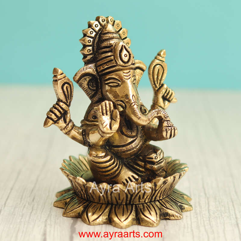 Brass Lord Ganpati Ganesha Idol for Home Temple Decor & Auspicious Gift - 4.5 Inch Height