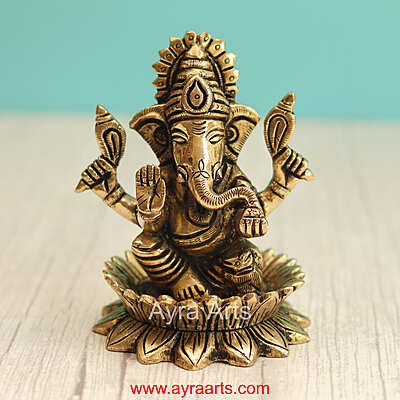 Brass Lord Ganpati Ganesha Idol for Home Temple Decor & Auspicious Gift - 4.5 Inch Height