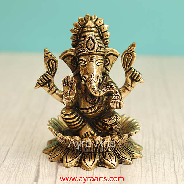 Brass Lord Ganpati Ganesha Idol for Home Temple Decor & Auspicious Gift - 4.5 Inch Height