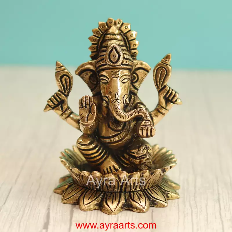 Brass Lord Ganpati Ganesha Idol for Home Temple Decor & Auspicious Gift - 4.5 Inch Height