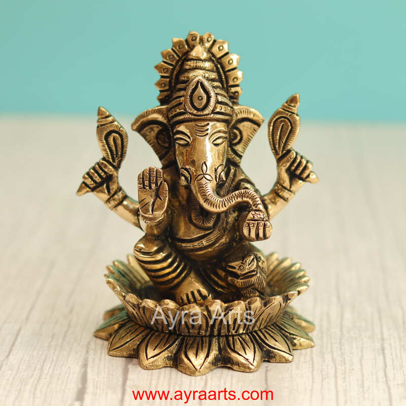 Brass Lord Ganpati Ganesha Idol for Home Temple Decor & Auspicious Gift - 4.5 Inch Height