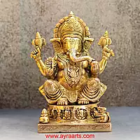 Brass Idol of Asta Ganesh for Prosperity and Good Fortune - 9 inch Height