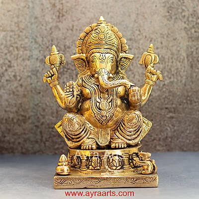 Brass Idol of Asta Ganesh for Prosperity and Good Fortune - 9 inch Height