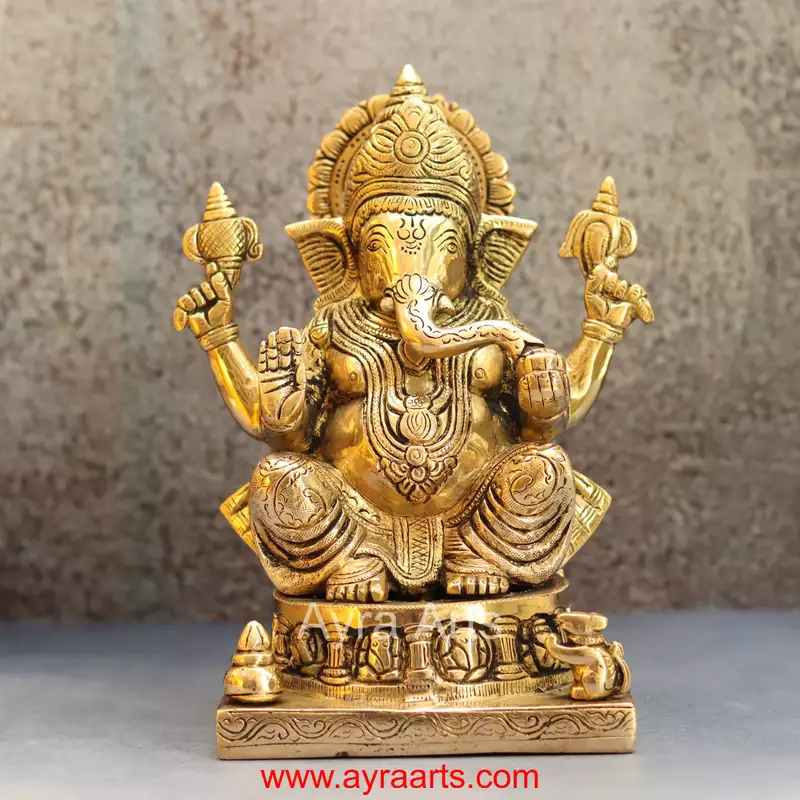 Brass Idol of Asta Ganesh for Prosperity and Good Fortune - 9 inch Height