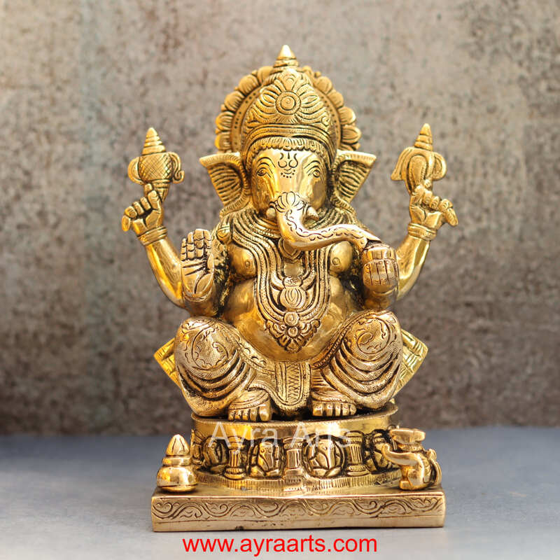 Brass Idol of Asta Ganesh for Prosperity and Good Fortune - 9 inch Height
