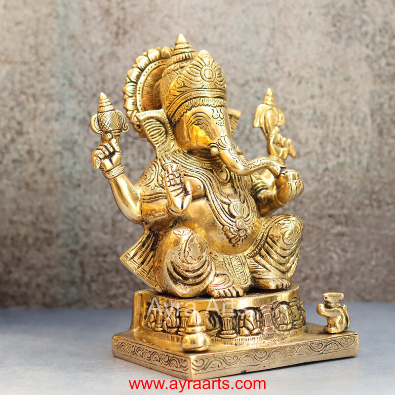 Brass Idol of Asta Ganesh for Prosperity and Good Fortune - 9 inch Height