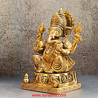 Brass Idol of Asta Ganesh for Prosperity and Good Fortune - 9 inch Height