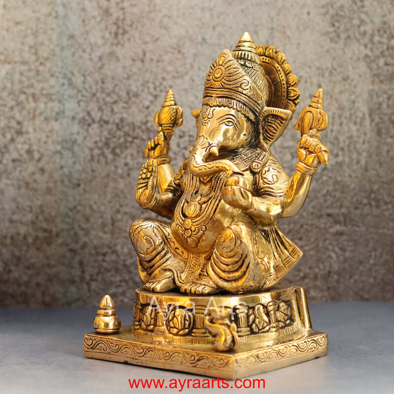 Brass Idol of Asta Ganesh for Prosperity and Good Fortune - 9 inch Height