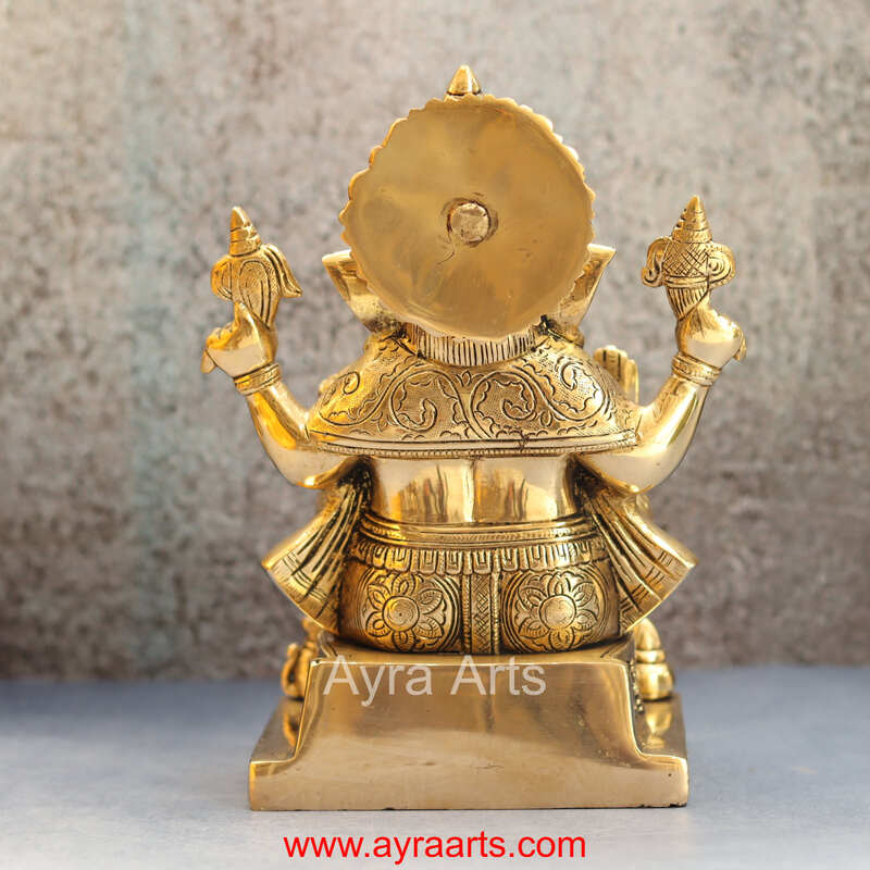 Brass Idol of Asta Ganesh for Prosperity and Good Fortune - 9 inch Height