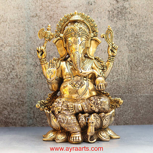Brass Lord Ganesha Idol Ganpati Murti for Home Temple Decor - 12 Inch Height
