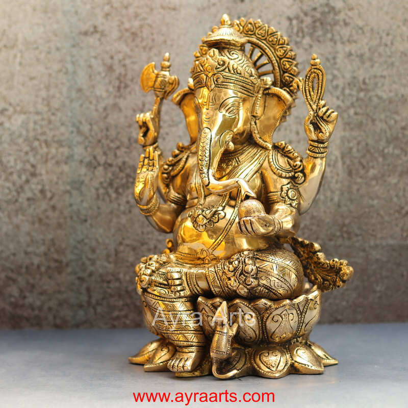 Brass Lord Ganesha Idol Ganpati Murti for Home Temple Decor - 12 Inch Height