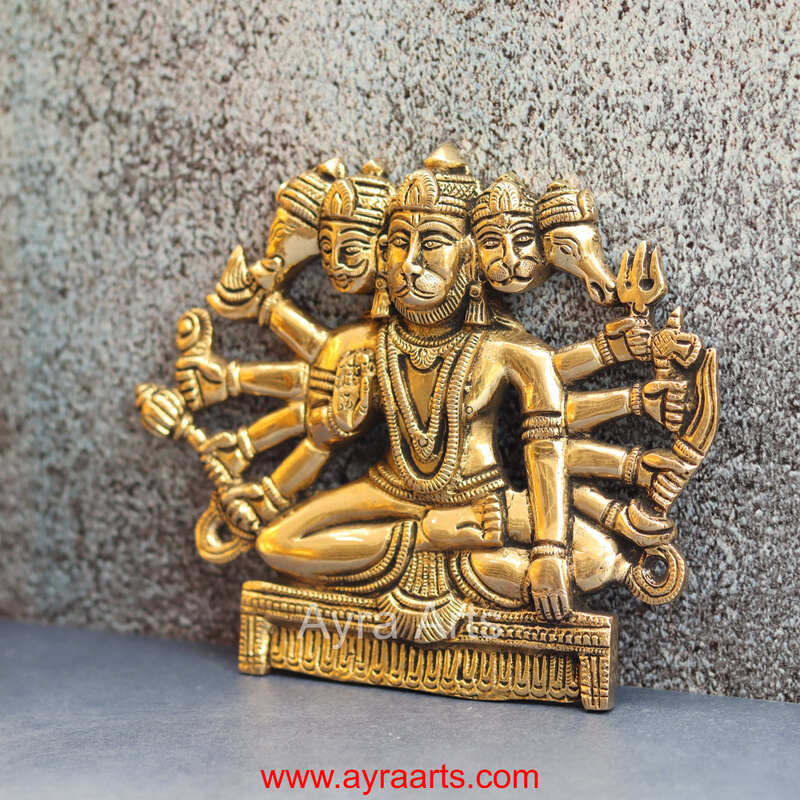 Brass Panchmukkhi Hanuman Wall Plate - 6.5 Inch Height