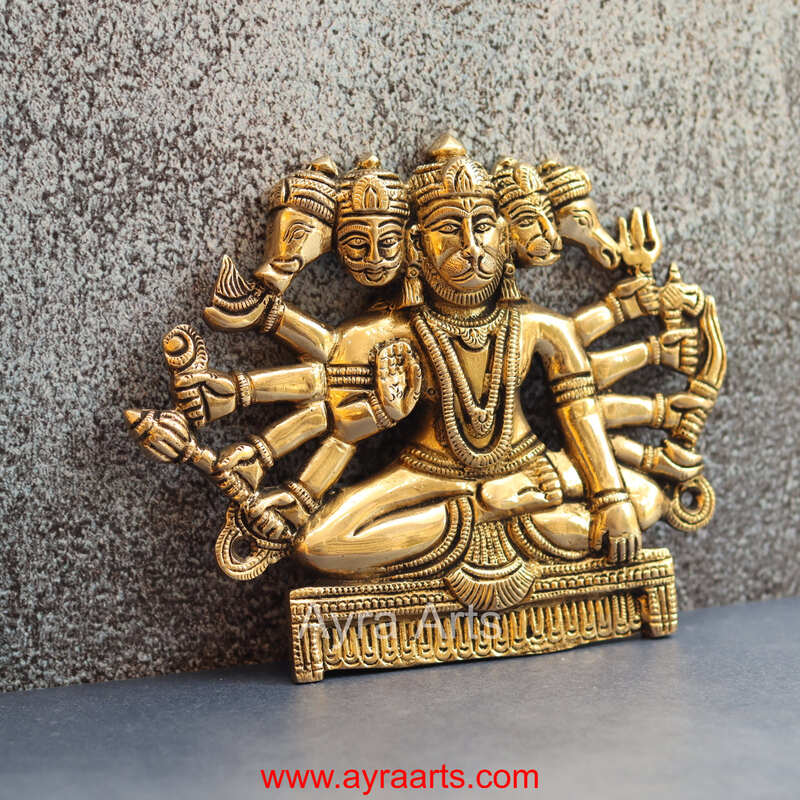 Brass Panchmukkhi Hanuman Wall Plate - 6.5 Inch Height