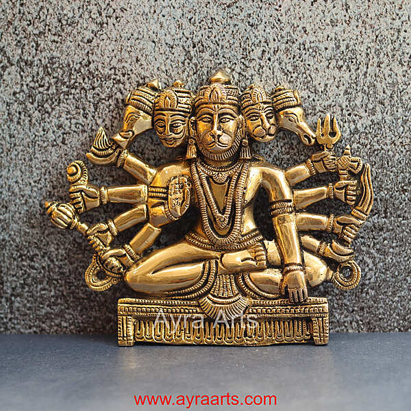 Brass Panchmukkhi Hanuman Wall Plate - 6.5 Inch Height