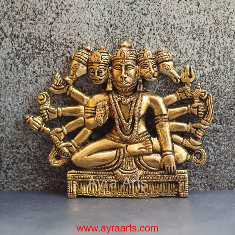 Brass Panchmukkhi Hanuman Wall Plate - 6.5 Inch Height