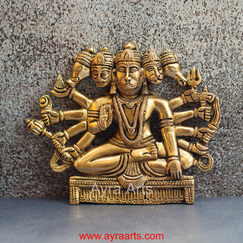 Brass Panchmukkhi Hanuman Wall Plate - 6.5 Inch Height