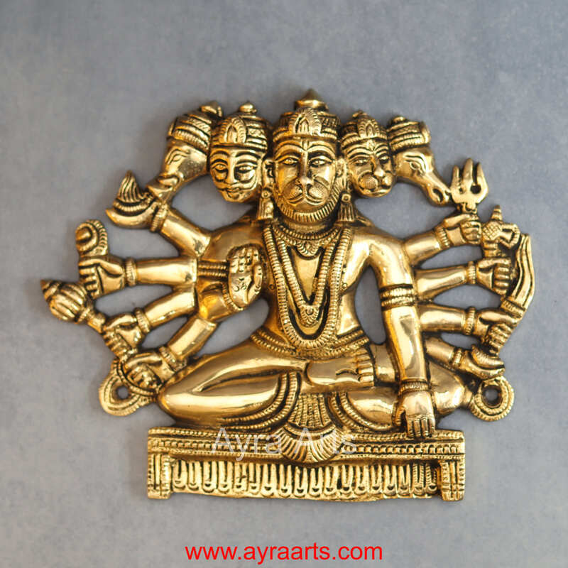 Brass Panchmukkhi Hanuman Wall Plate - 6.5 Inch Height
