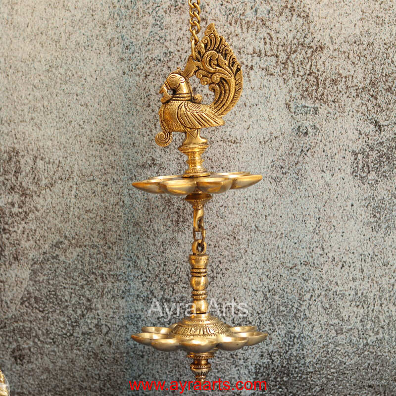 Brass Peacock Wall Hanging Diya Two Step Oil Lamp for Pooja - 5 Inch Length