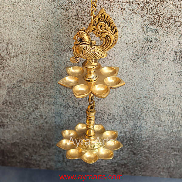 Brass Peacock Wall Hanging Diya Two Step Oil Lamp for Pooja - 5 Inch Length
