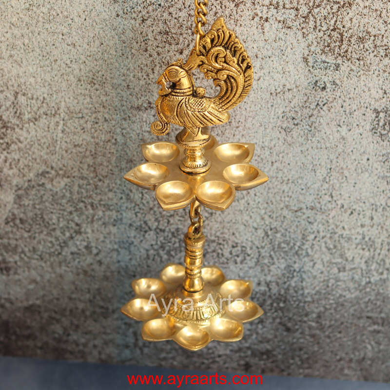 Brass Peacock Wall Hanging Diya Two Step Oil Lamp for Pooja - 5 Inch Length