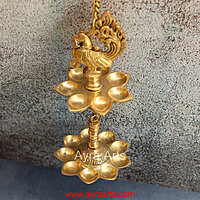Brass Peacock Wall Hanging Diya Two Step Oil Lamp for Pooja - 5 Inch Length