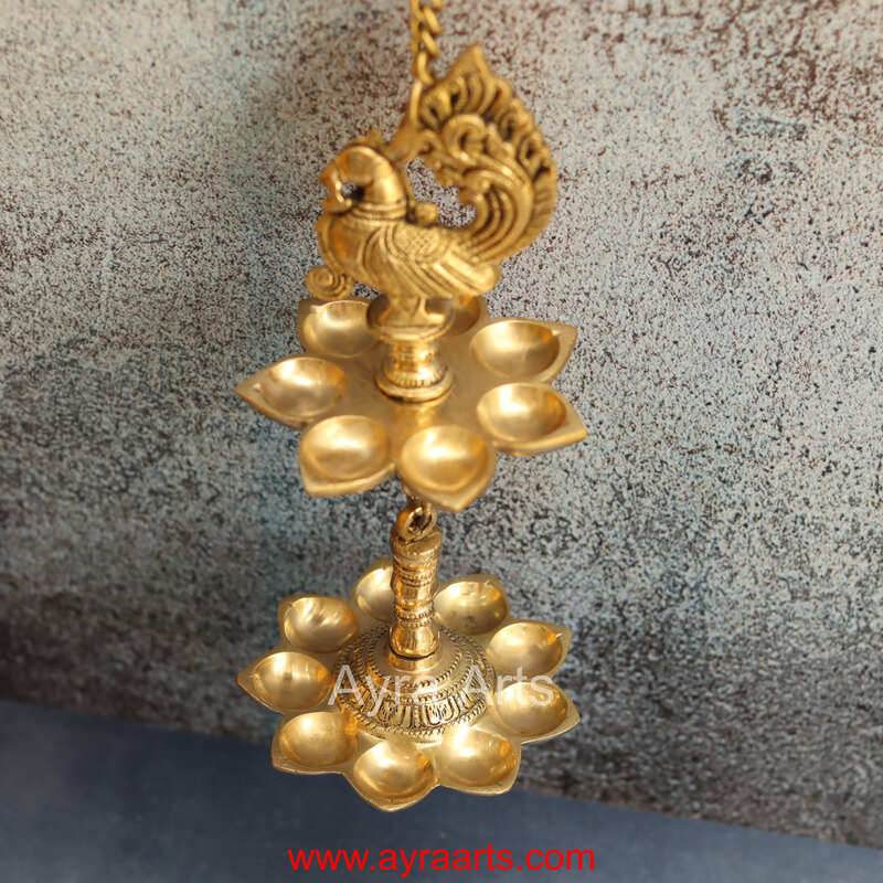 Brass Peacock Wall Hanging Diya Two Step Oil Lamp for Pooja - 5 Inch Length