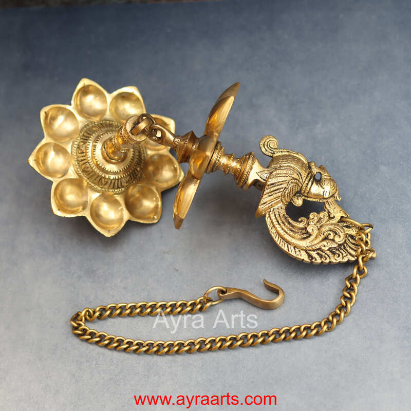 Brass Peacock Wall Hanging Diya Two Step Oil Lamp for Pooja - 5 Inch Length