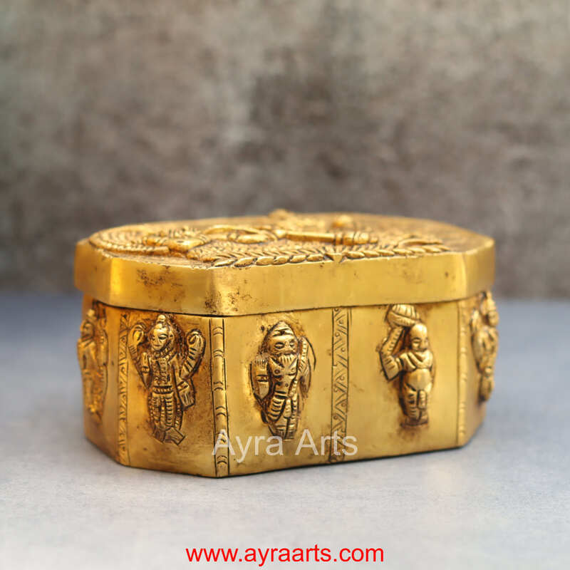 Dhashavatharam Engraved Storage Box In Pure Brass - 6 Inch Length
