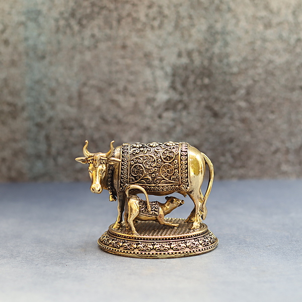 Premium Brass Cow and Calf Idol Traditional Religious Statue - 3 Inch Height