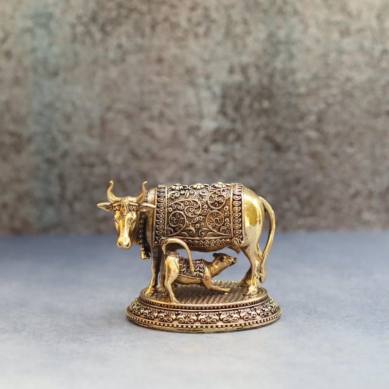 Premium Brass Cow and Calf Idol Traditional Religious Statue - 3 Inch Height