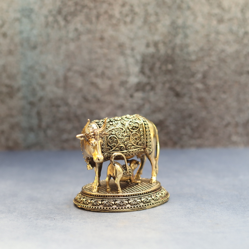 Premium Brass Cow and Calf Idol Traditional Religious Statue - 3 Inch Height