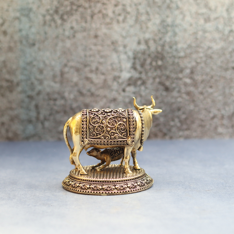 Premium Brass Cow and Calf Idol Traditional Religious Statue - 3 Inch Height