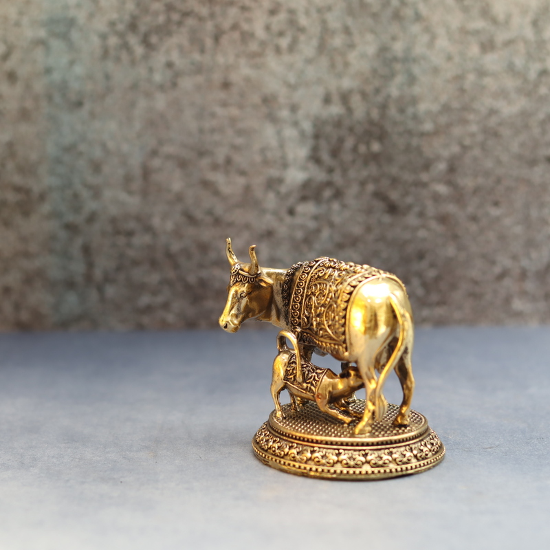 Premium Brass Cow and Calf Idol Traditional Religious Statue - 3 Inch Height